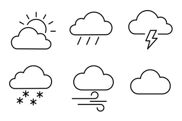 A set of different weather icons in minimalist style with editable stroke. Forecast, climate, atmosphere, sky symbol, meteorology, cloud, rain, sun, snow, wind, outline pictogram, graphic design.