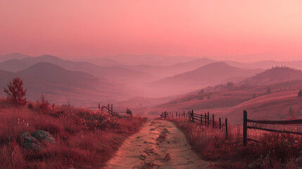 Vintage country road winding through misty hills, tranquil landscape with soft pink sunset, serene rural scene, peaceful and dreamy mood