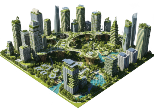 Futuristic cityscape of tall skyscrapers and green urban oasis future tech