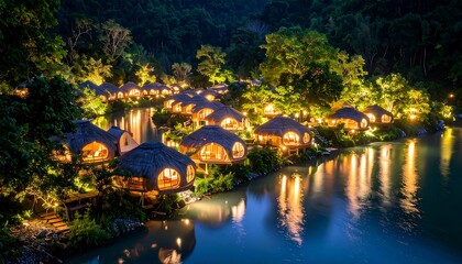 Fototapeta premium Thatched Huts Over Water Lit at Night Peaceful Tropical Resort