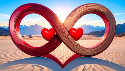 Infinity symbol, hearts, desert sunrise