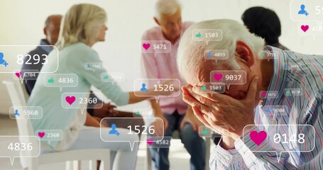 Silver-haired man burying face in hands causing icons swirling around therapy circle for support