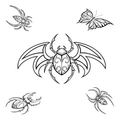 Intricate black and white tattoo design featuring a central scarab beetle surrounded by spiders and butterflies
