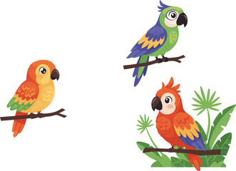 Colorful cartoon parrots perched on branches with tropical leaves, vibrant feathers, and stylized bird illustration for nature and wildlife vector