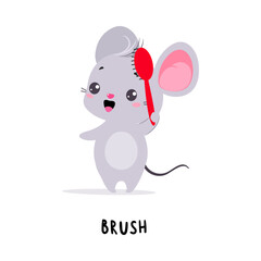 Little Mouse Brush Hair Demonstrating English Verbs for Educational Activity Vector Illustration