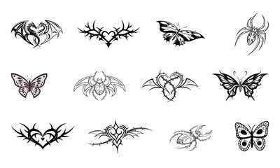 Collection of intricate black tribal tattoo designs featuring stylized butterflies and abstract organic shapes for body art inspiration