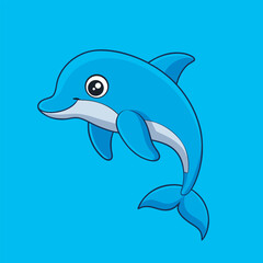 Cartoon illustration of a cute blue dolphin jumping on a light blue background