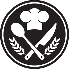 Chef hat spoon knife and feather emblem for culinary arts