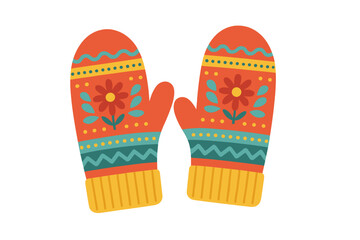 Colorful knitted mittens with floral pattern on transparent background wool mittens with pattern