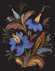 Vector floral composition of hand drawn fantasy flowers, ornate leaves on a black background