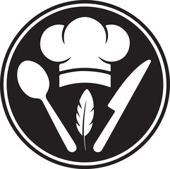 Chef hat spoon knife and feather emblem for culinary arts