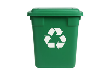 Green recycling bin with symbol on transparent background