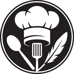 Chef hat spoon knife and feather emblem for culinary arts