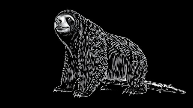 Continuous Line Drawing of a Giant Sloth in a Vintage Black and