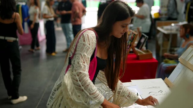 A Young Woman Engaging in Shopping at a Vibrant Local Market Event on a Beautiful Day