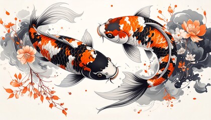 Two Koi fish amidst flowing ink and blossoms