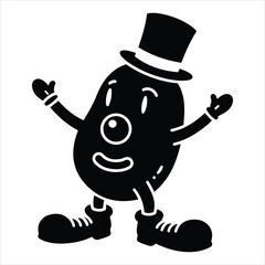 Whimsical potato character wearing a top hat and clown nose with open arms and shoes