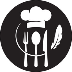 Chef hat spoon knife and feather emblem for culinary arts
