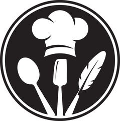 Chef hat spoon knife and feather emblem for culinary arts