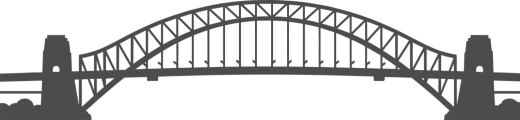 Sydney Harbour Bridge illustration featuring steel arch structure, vertical hangers, iconic Australian landmark, urban architecture, and city silhouette vector design