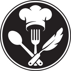 Chef hat spoon knife and feather emblem for culinary arts