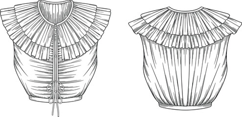 Obraz premium Women’s sleeveless blouse fashion sketch, pleated ruffle neckline design, garment illustration, stylish clothing template, sewing pattern drawing, elegant apparel vector art