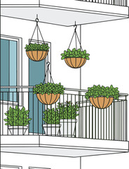 Urban balcony garden with hanging and potted plants, lush green foliage, small space gardening, eco-friendly lifestyle, residential outdoor decor