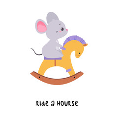 Little Mouse Ride Horse Demonstrating English Verbs for Educational Activity Vector Illustration