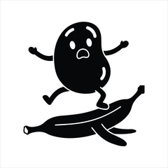Funny cartoon jelly bean character slipping on a banana peel with a surprised expression