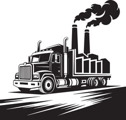 Industrial truck silhouette moving industrial factory smoke out with speed lines motion
