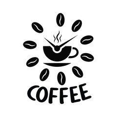 Stylized clock face made of coffee beans and a steaming cup with bold typography for the word coffee.