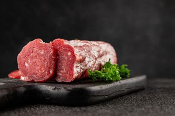 Dry sausage slice pork less fat jamon cured meat natural product tasty snack fresh delicious gourmet food background on the table rustic top view copy space