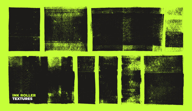 Linocut ink roller stamp vector textures on toxic green neon background. Rough ink overlays. Handmade printmaking and letterpress effect