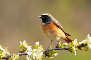 Common redstart Phoenicurus phoenicurus bird songbird wildlife nature predator cock o the north,...