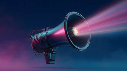 Megaphone projecting vibrant light as announcement or broadcast event. Generative AI.