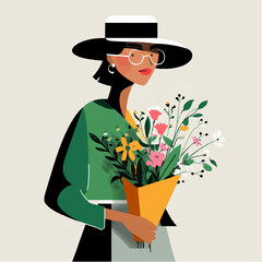 a vector illustration of a girl holding a bouquet of flowers.
