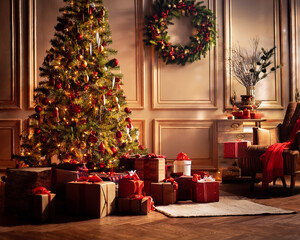 AI made christmas decorated room with presents and christmas tree and other christmas decorations