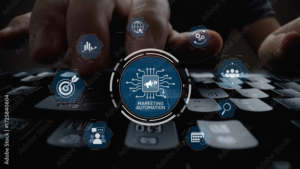 Poster marketing automation diagram showcase ai-driven campaign workflow, highlight marketing automation, d