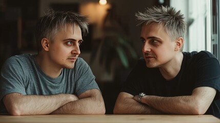 Two men sit close together, having an intense discussion in a bright, inviting space with plants nearby
