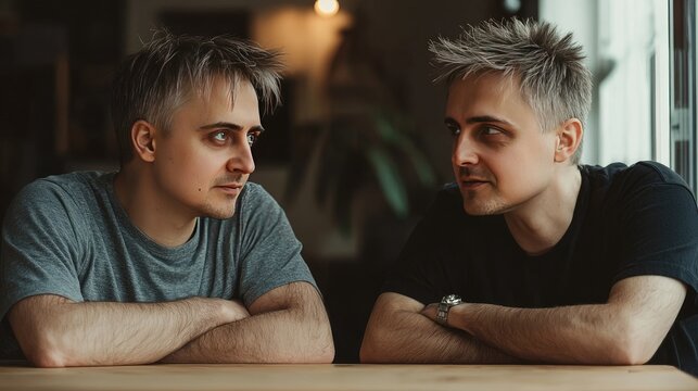 Two men sit close together, having an intense discussion in a bright, inviting space with plants nearby - Powered by Adobe