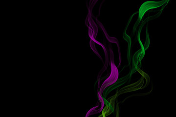 Colorful Purple and Green Smoke Swirls Against Black Background for Creative Artwork and Design