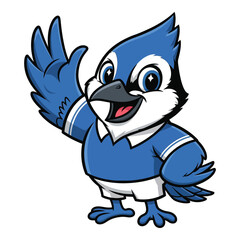 Friendly blue jay mascot waving hello cartoon bird character cute animal mascot