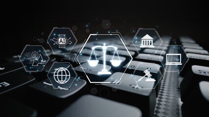 Futuristic digital law interface displaying justice scale, highlighting digital law, AI compliance, digital law systems, and digital law regulations for secure governance. Muxer