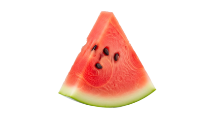 A juicy, triangular watermelon slice, a plain object isolated on a clean white background. This ultra high resolution fruit has no shadow, no logo, or text