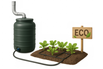 Rainwater harvesting system irrigating eco garden plants