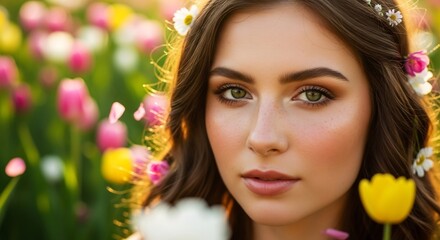 Naklejka premium Closeup of a woman with green eyes in a field of tulips