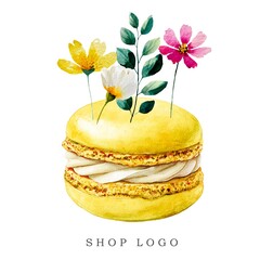 Yellow Macarons with Flowers and Bakery Logo