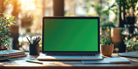 Chroma key laptop displaying green screen sitting on rustic wooden desk near potted plants, notebooks, pencils, bathed in warm sunlight within cozy home workspace