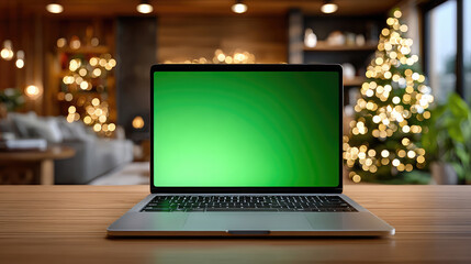 Festive Christmas scene featuring a laptop with a empty green chroma key screen on a wooden desk, surrounded by a decorated tree, stockings, and warm ambient lighting. Mock up, copy space