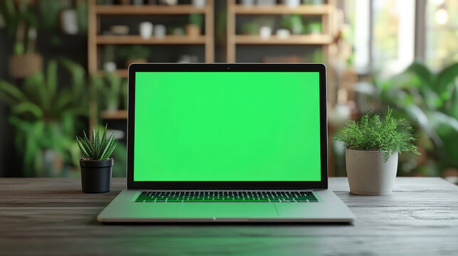 Modern laptop with green screen showing chroma key for copy space is placed on rustic wooden desk in cozy home office with potted plants, notebooks and pencils, illuminated by warm sunlight - Powered by Adobe